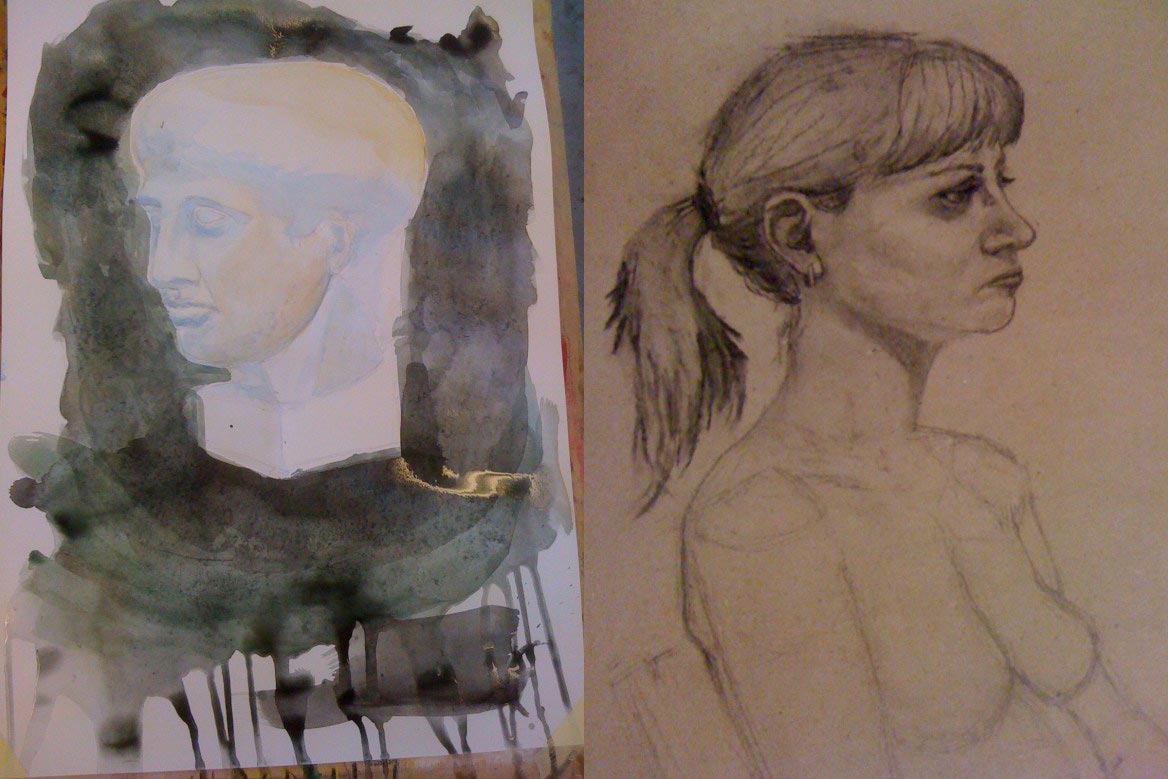 A watercolor painting of a man's head and a drawing of a woman's face