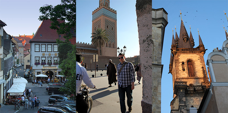 Pictures of a German city, Prague, and a mosque in Morocco